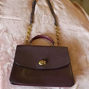 Vtg...New Coach Parker Deep  Burgundy Top-Handle Satchel Gold Chain Snakeskin